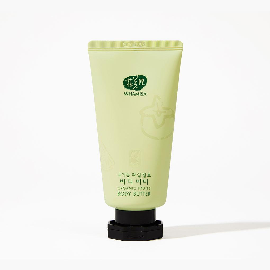 Whamisa Organic Fruits Body Butter packaged in a green-yellowish tube with a twistable cap.